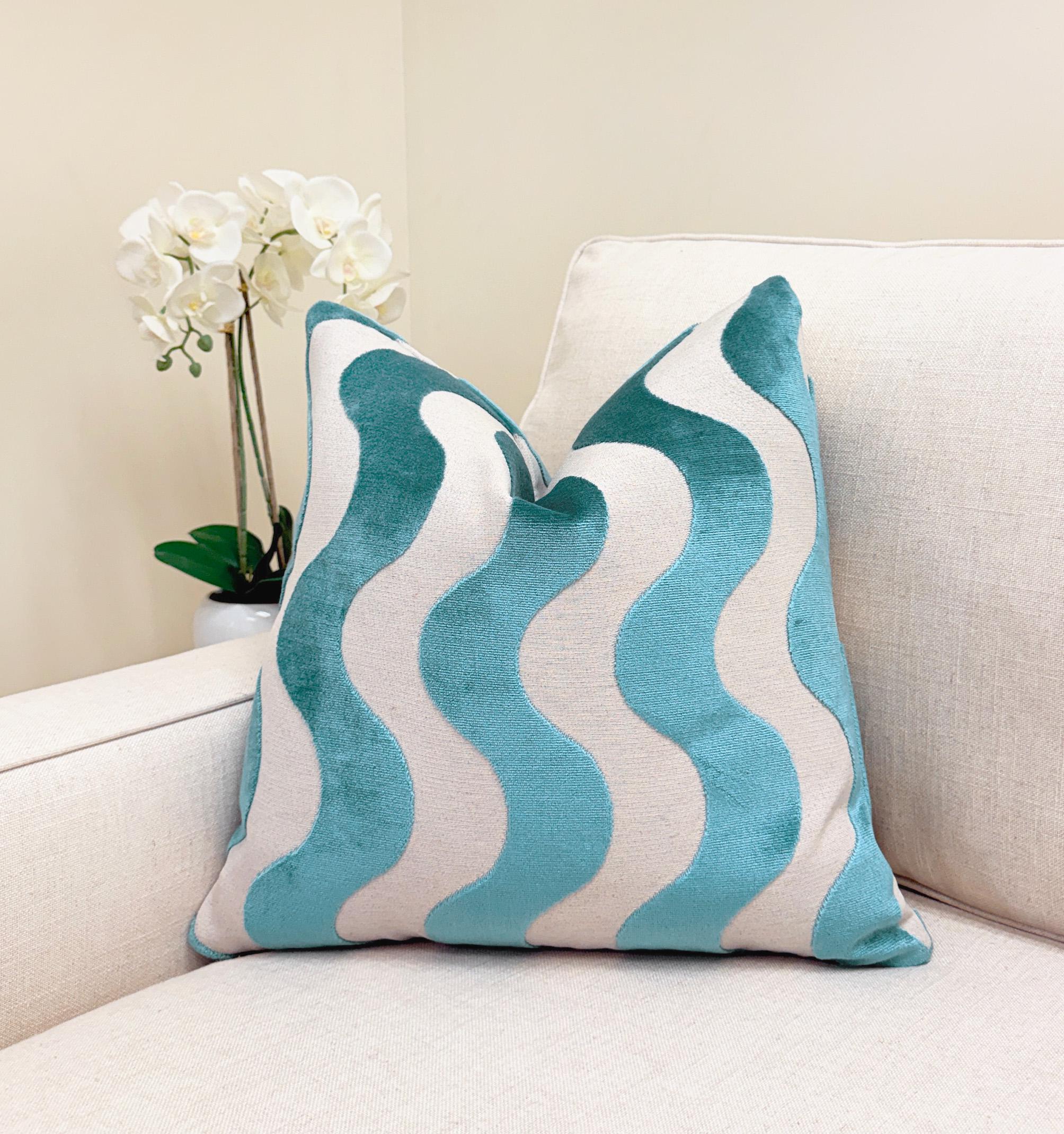 Aqua Blue Wavy Stripe Velvet Pillow Cover