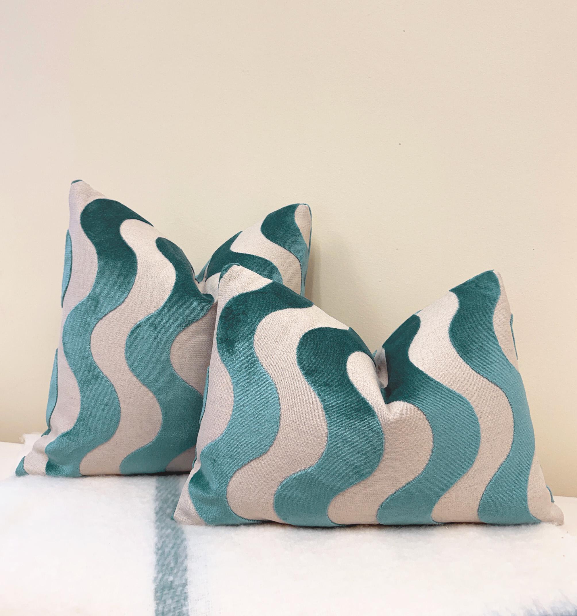 Aqua Blue Wavy Stripe Velvet Pillow Cover - Image 2