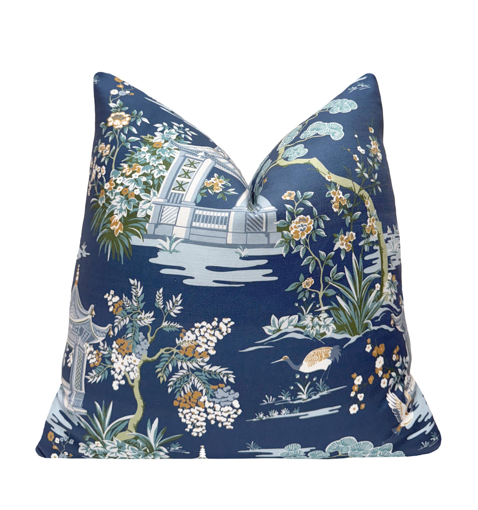 Navy Chinoiserie Crane Garden Velvet Pillow Cover - Image 3