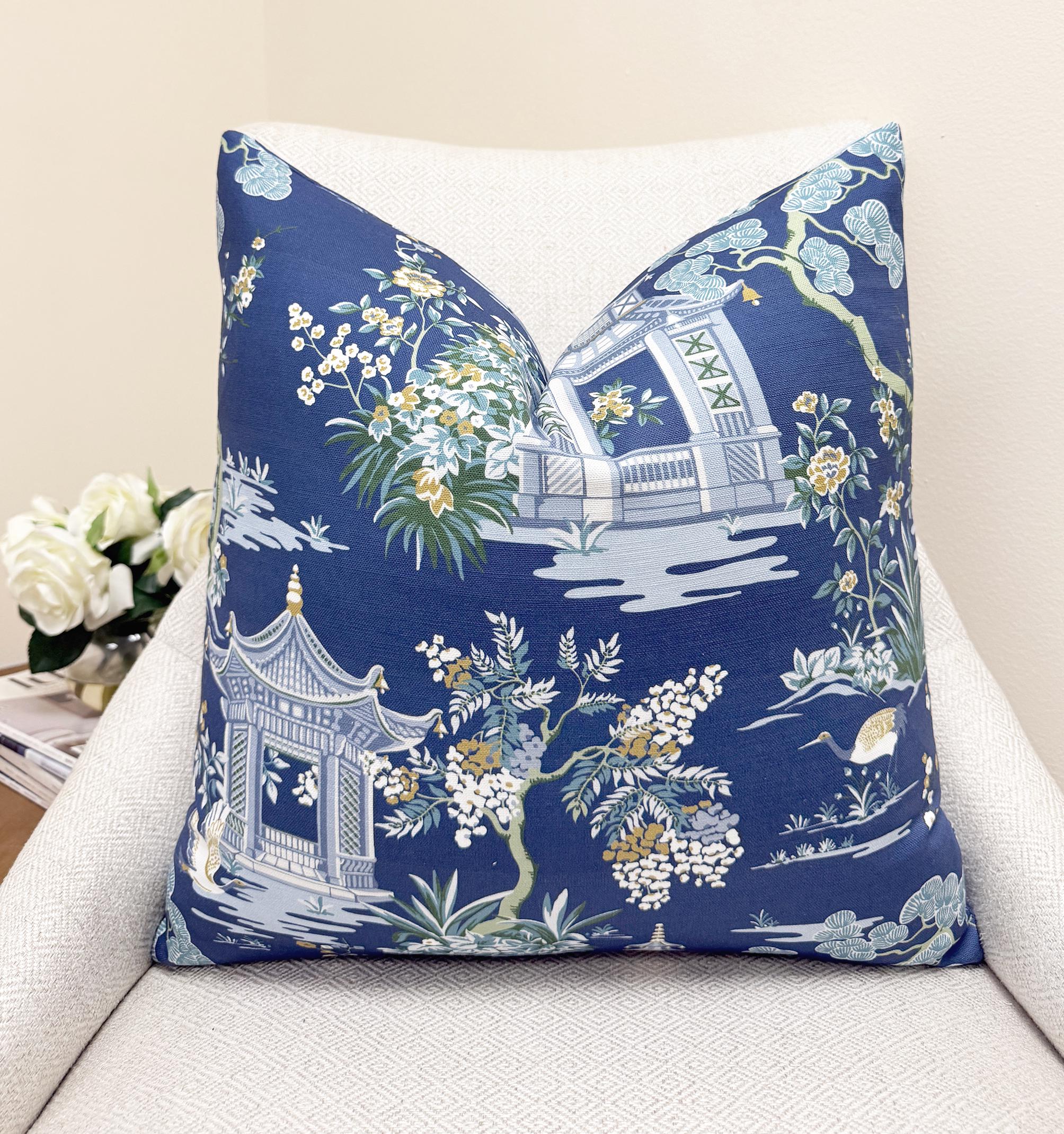 Navy Chinoiserie Crane Garden Velvet Pillow Cover - Image 4
