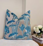 Blue Botanical Lotus Velvet Pillow Cover