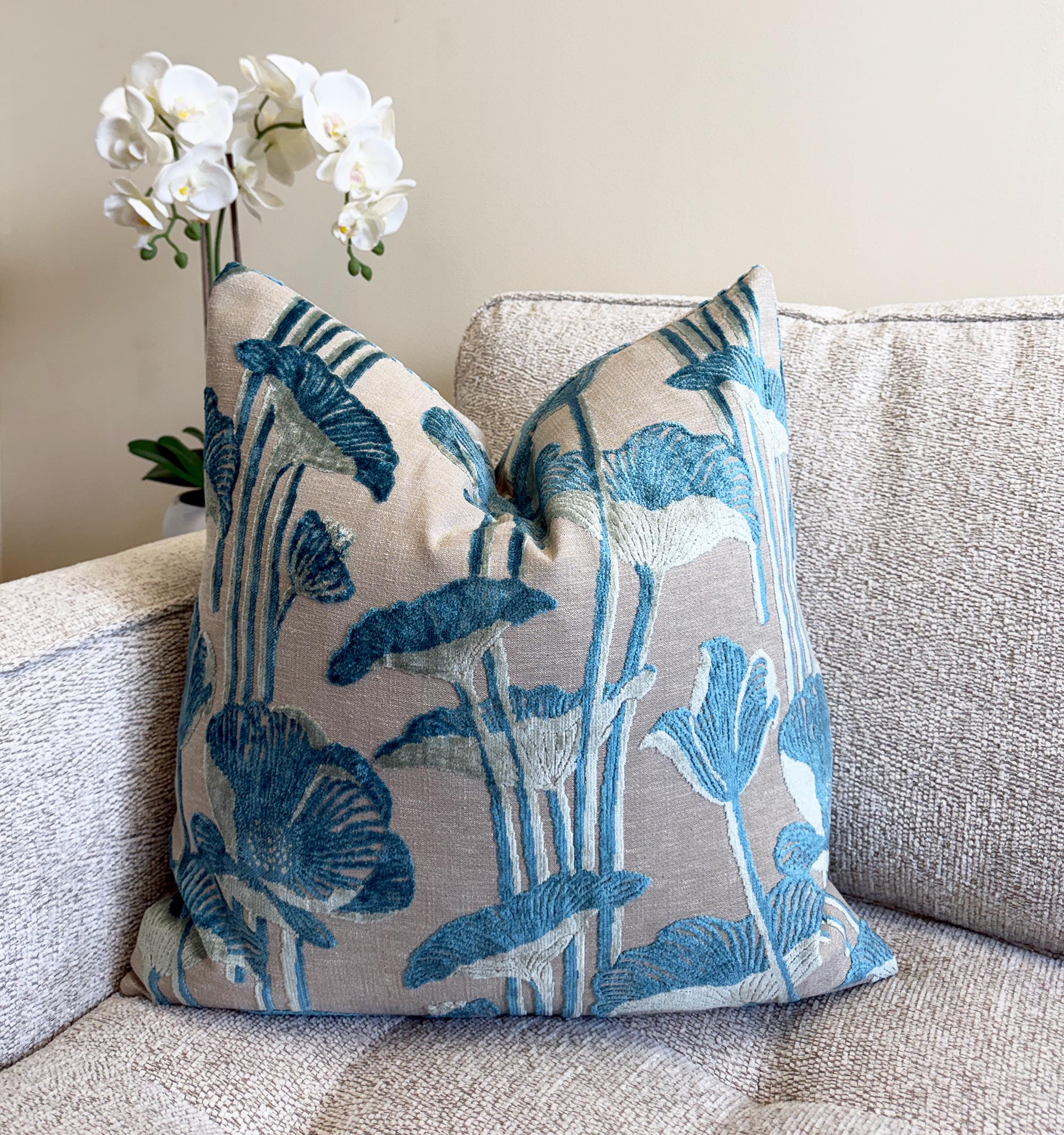 Blue Botanical Lotus Velvet Pillow Cover - Image 3