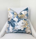 Blue Ivory Peony Floral Velvet Pillow Cover