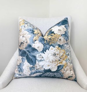 Blue Ivory Peony Floral Velvet Pillow Cover